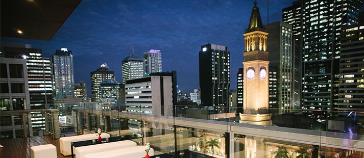 Commercial kitchen Brisbane CBD night view from the balcony of a Wesley House venue