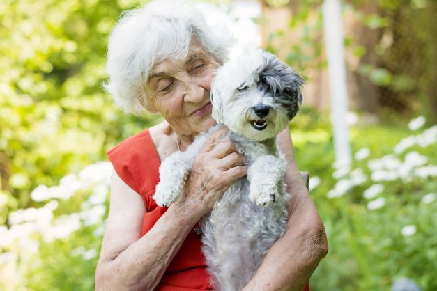 Retiree holding her dog in one of our pet friendly aged care communities. Retiree holding her dog in one of our pet friendly aged care communities.