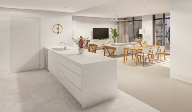 Spacious and modern kitchen White contemporary kitchen with view to dining an lounge areas
